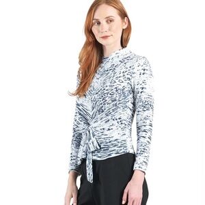 Clara Sun Woo Shimmer Texture Center Front Tie Snow Leopard Sweater Top Sz M